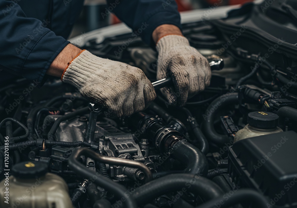 Fototapeta premium Professional Mechanic Working on a Car Engine with Gloved Hands and Tools Performing Automotive Repair and Service