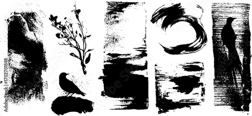 Black ink silhouette set with glitch art elements for creative design