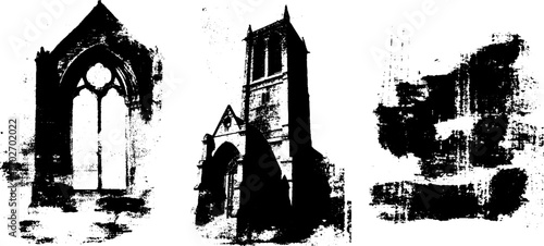 Gothic architecture silhouettes in black ink: set of historical designs for print or poster