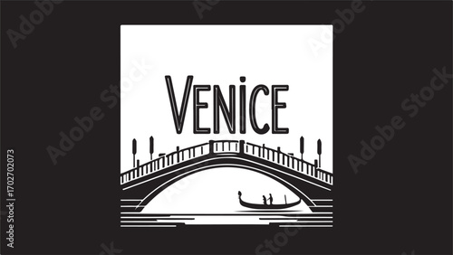 Black and white illustration of Venice bridge with gondola and text Italy water