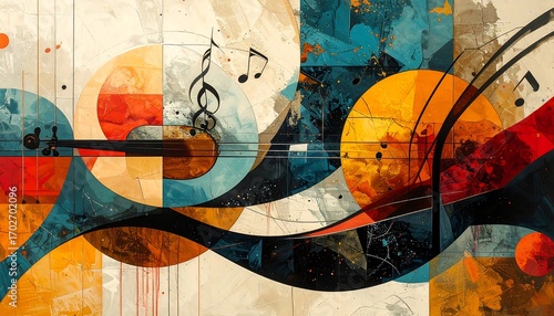 Abstract musical composition with vibrant colors and geometric shapes