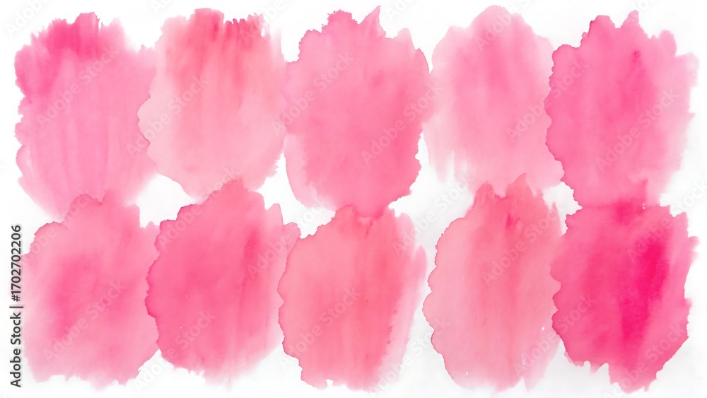 Fototapeta premium Ten soft pink watercolor splashes arranged in two rows, isolated on a white background, ideal for delicate and feminine design elements