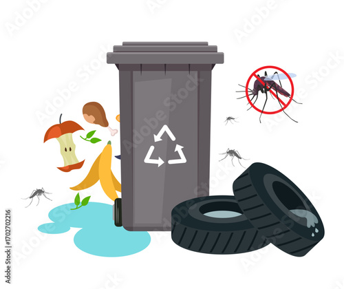Dengue Prevention - Avoid Open Food Waste and Water Collection - Stock Illustration