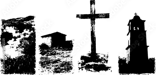 Gothic landscapes silhouette set featuring cross, church, and rural scenery for dark themes