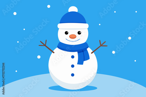 Cute snowman with blue hat and scarf in falling snow