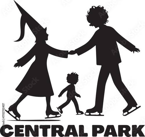 Black silhouette of a family ice skating together with Central Park text winter recreation