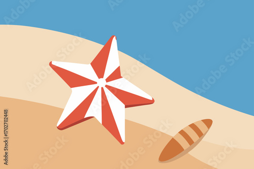 Star shaped umbrella and surfboard on a sandy beach