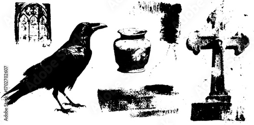 Gothic noir silhouette collection with raven, vase, and cross elements for dark themed designs