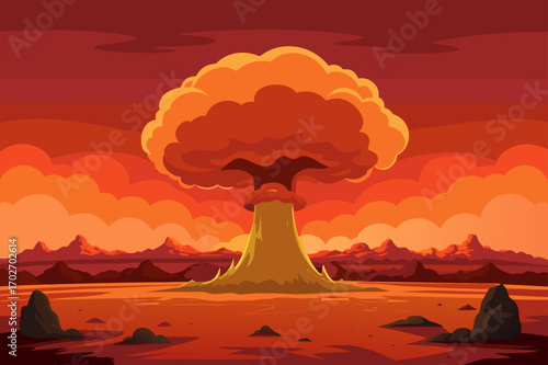 Explosive mushroom cloud over barren landscape