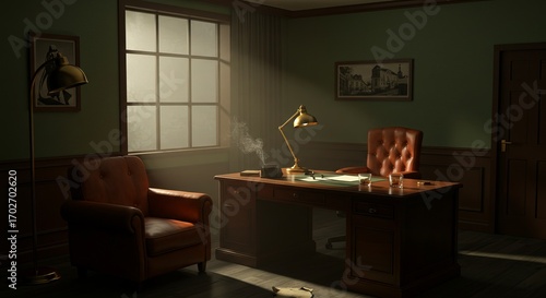 A dimly lit office features a wooden desk with two chairs, a lamp, drinks, and scattered papers, bathed in light from a large window.