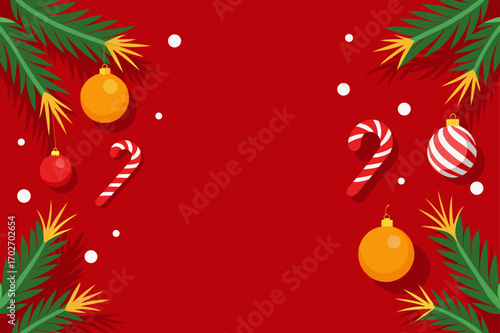 Festive christmas decorations on a red background with copy space