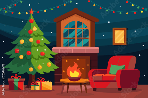 Cozy christmas eve scene with fireplace and decorated tree