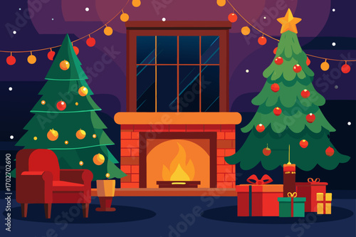 Cozy christmas living room with fireplace and decorated trees