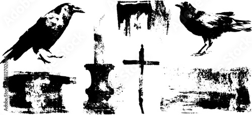Gothic noir raven silhouettes with grunge ink elements for artistic design