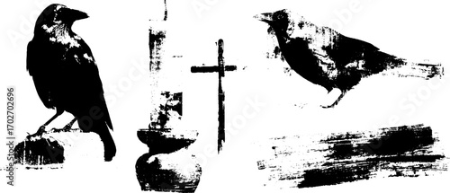 Gothic noir raven silhouette set with cross and vase in black ink art style