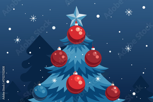 Festive christmas tree with red and blue ornaments and snowfall