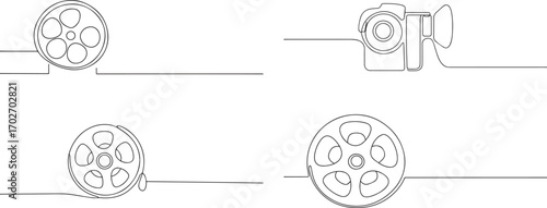 Set of film reel one continuous line art, Vector illustration, One line art, Line art graphic style