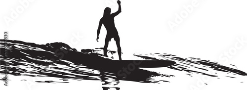 Black silhouette of a surfer riding a wave with one arm raised against a white background surfing ocean
