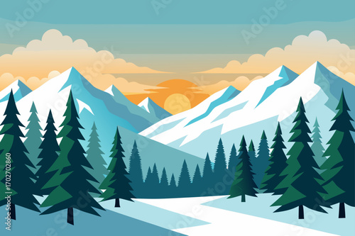 Stylized winter mountain landscape at sunset with evergreen trees