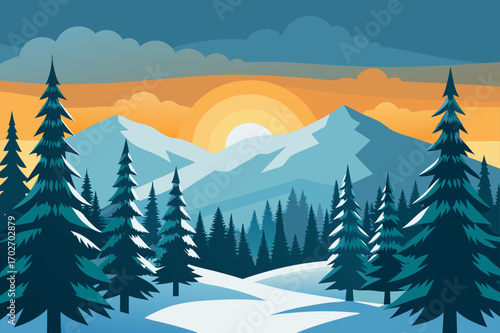 Winter mountain landscape at sunset with evergreen trees