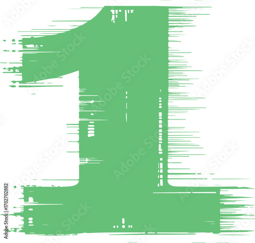 Bold green number one digit with distressed brush stroke texture isolated on white background