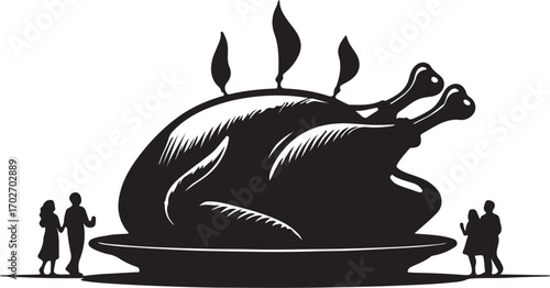 Black silhouette of a steaming roasted turkey on a platter with small figures of people on either side