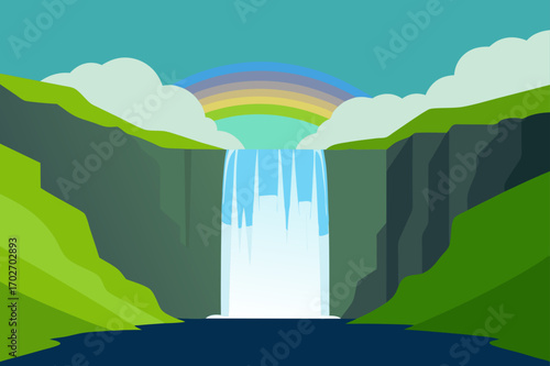Vibrant waterfall scene with rainbow and lush green cliffs