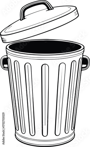 A simple line drawing of an open metal trash can with a lid slightly ajar ready for waste