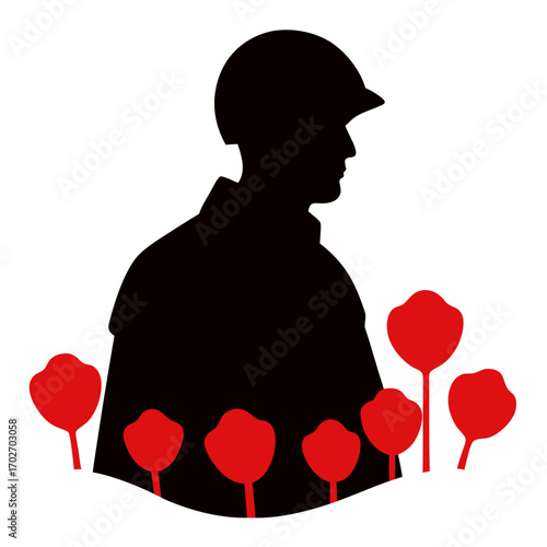 Soldier silhouette with red poppies remembrance