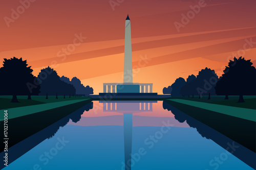 Washington monument reflection at sunset minimalist art