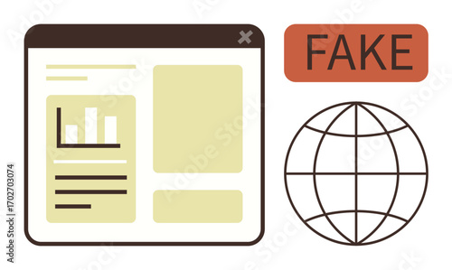 Browser window displaying data charts and text, paired with a Fake tag and globe illustration. Ideal for misinformation, internet safety, digital awareness, media literacy, fake news, credibility