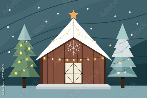 Cozy winter barn decorated with christmas lights and snow