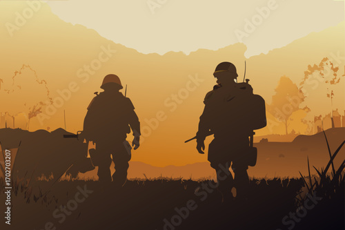 Two silhouetted soldiers marching at sunset in a war zone