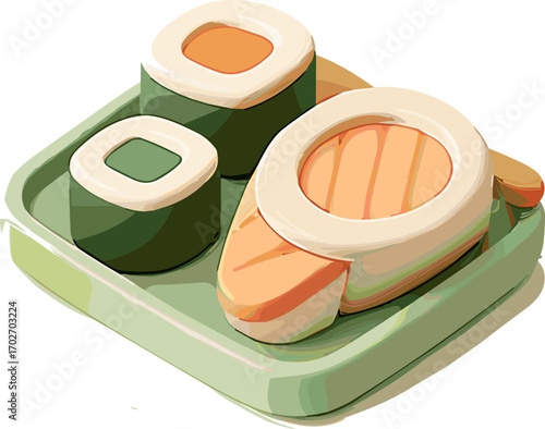 sushi set illustration features rolls and nigiri neatly placed on a green tray.