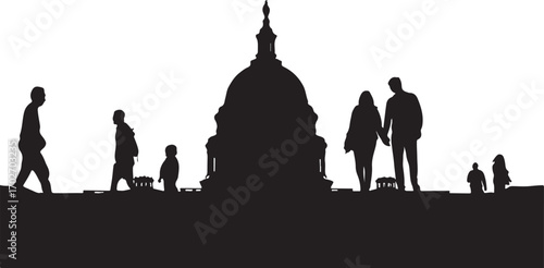 Black silhouette of people walking in front of a domed building with columns family couple