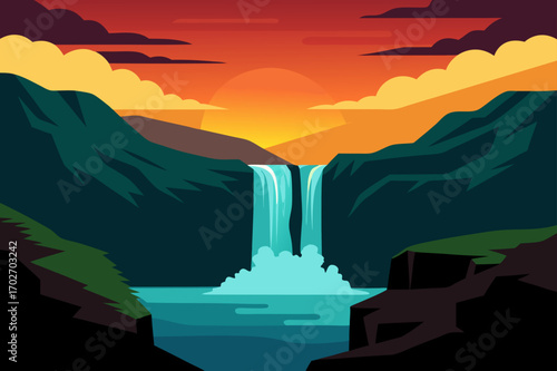Dramatic sunset over a majestic waterfall in a lush valley