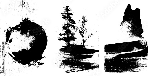 Black ink silhouette collection: grunge abstract landscapes and shapes