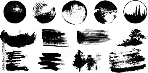 Black ink silhouette set of grunge abstractions for creative designs