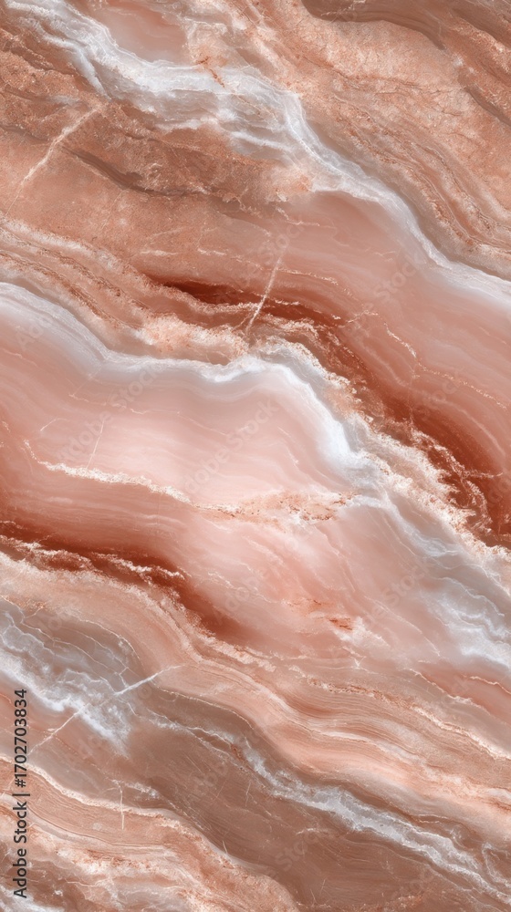 Obraz premium Close-up of an agate stone with intricate concentric layers in white, pink, brown, and rust tones,