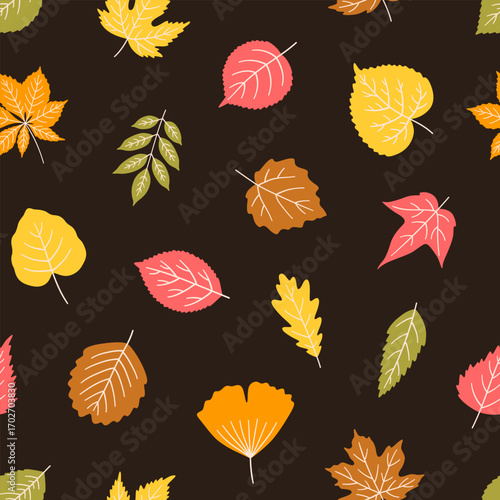 Seamless pattern with leaves on dark background - autumn leaf of maple, linden, ginkgo, chestnut and others. Print for textile, package, paper. Pink, orange, yellow, green colors. Vector illustration