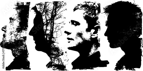 Grunge silhouette profile set with textured background for creative design projects