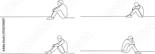 Set of sad man sitting alone one continuous line art, Vector illustration, One line art, Line art graphic style