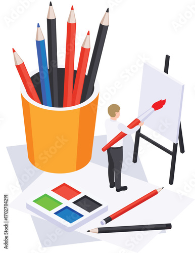 Creative Artist Painting on Easel Surrounded by Colorful Art Supplies