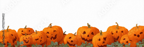 Illustration border of pumpkins and leaves on a white background, seasonal graphic with generous copy space for text