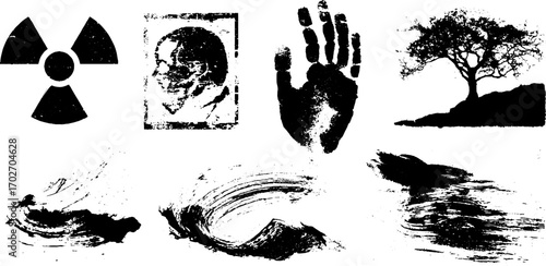 Black ink silhouette grunge signs set: biohazard, tree, handprint, and abstract forms