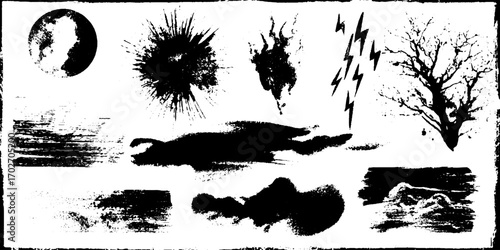 Black ink silhouette collection of abstract patterns and textures