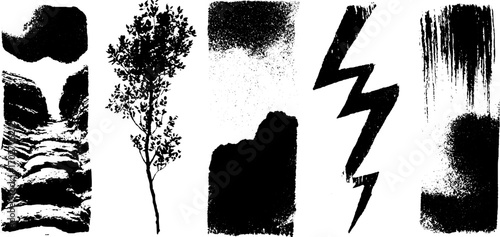 Abstract black ink silhouette patterns with tree and lightning design for creative projects