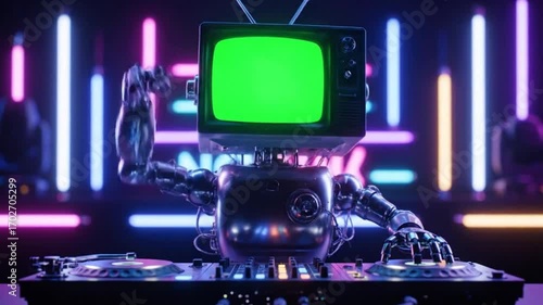 Robot DJ with green screen TV head mixing music in neon club for futuristic entertainment