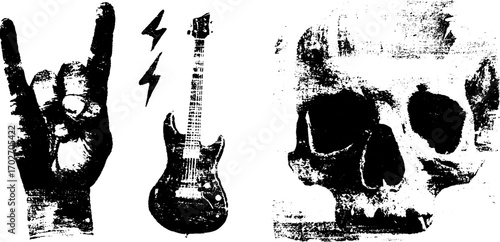 Black ink silhouettes of heavy metal icons featuring skull and guitar