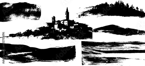 Black ink silhouette set of horizons featuring forest and mountain